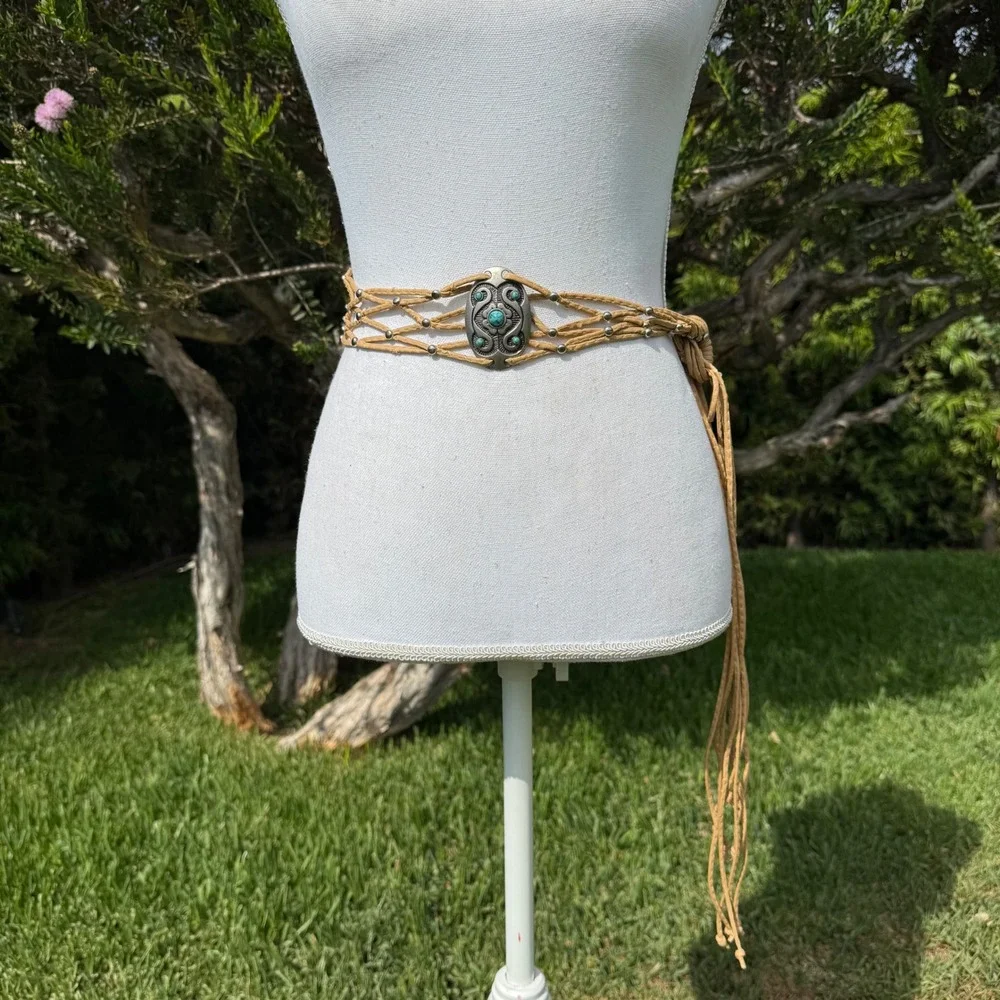 Western Boho Tan Faux Leather Tie Belt Turquoise Silver Concho Medallions Fringe
